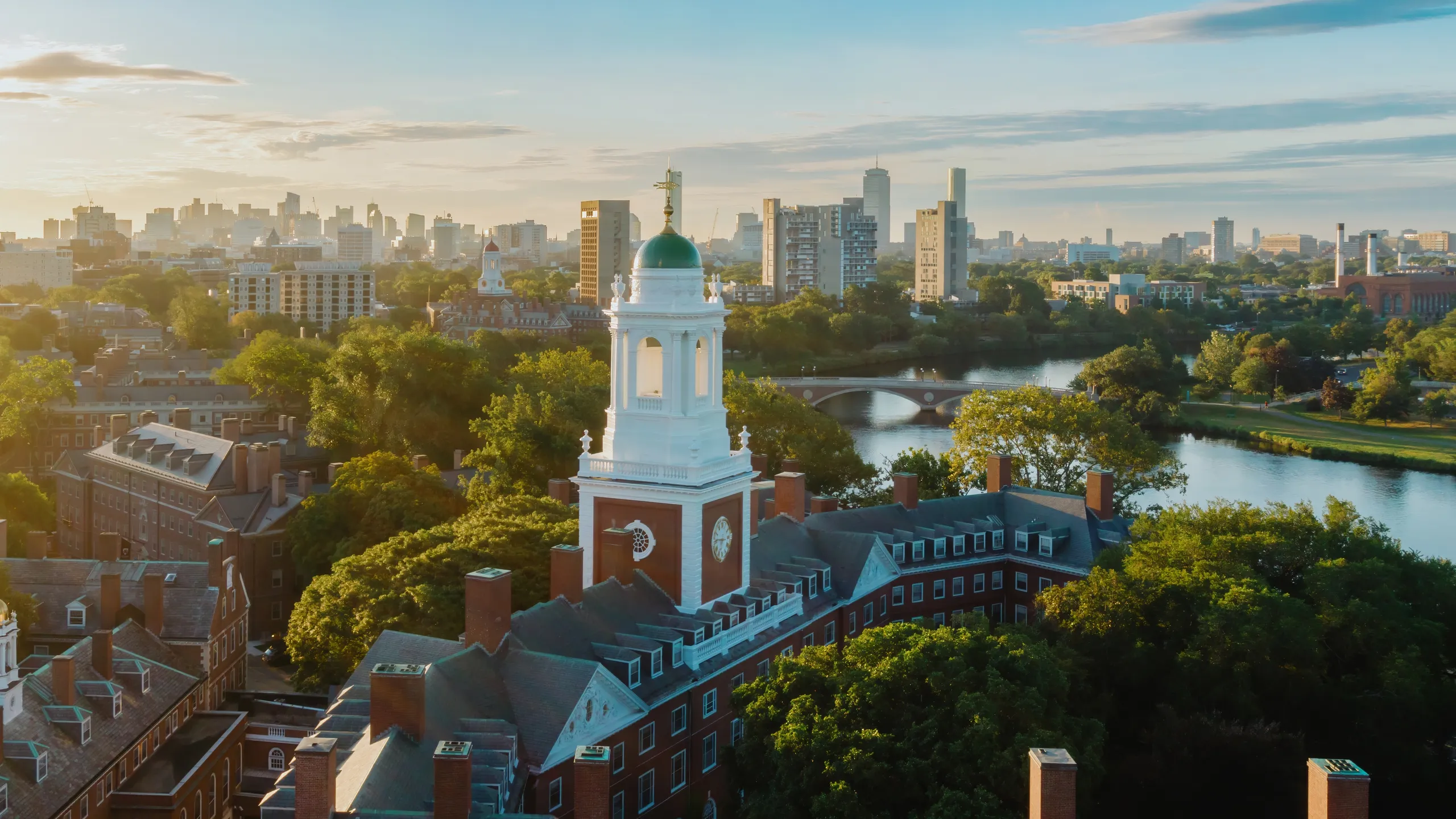 View from Harvard University campus over the Charles River at sunrise. Cambridge, Massachusetts, United States.