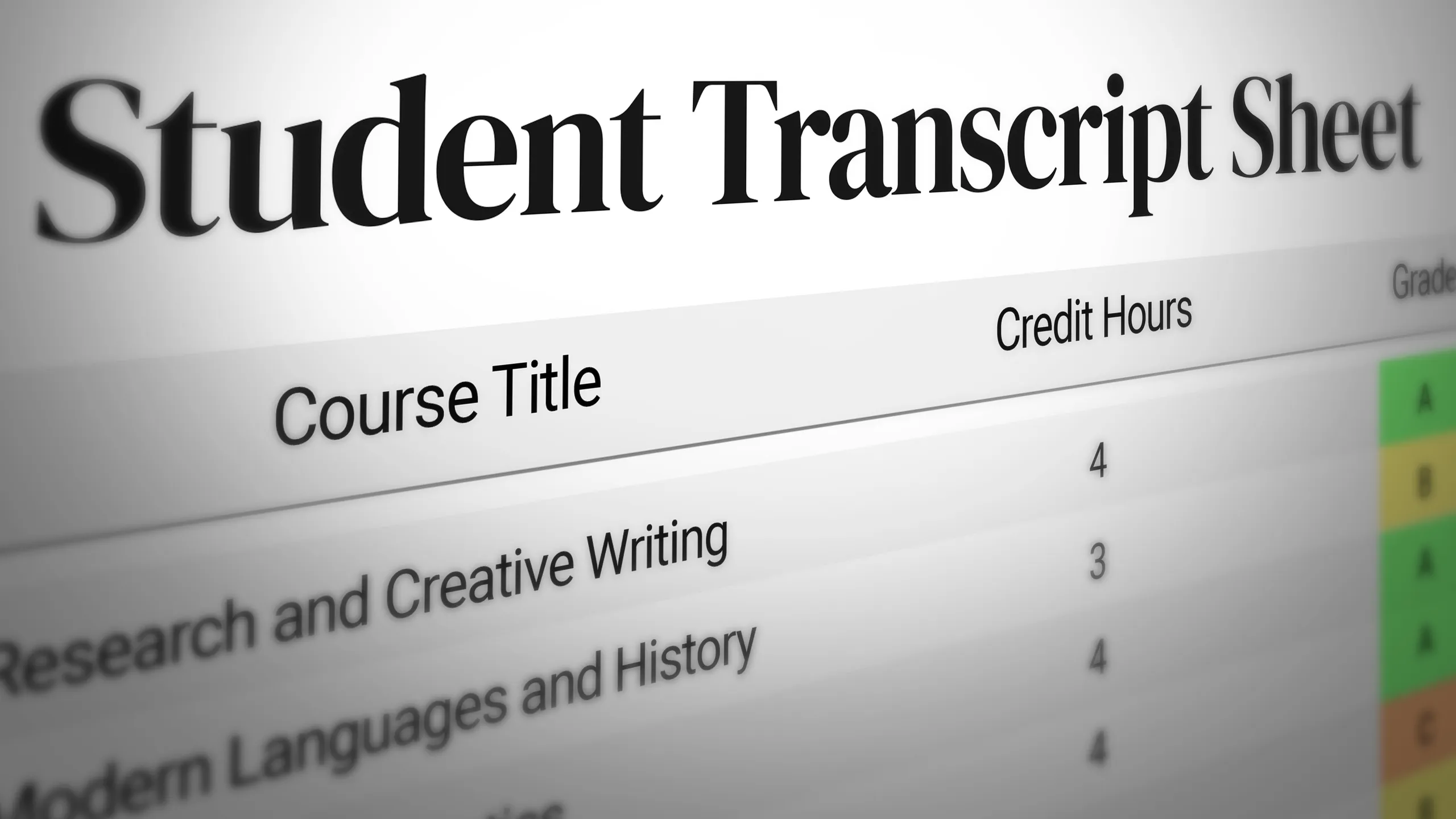 Student transcript sheet close up with subjects and marks mentioned, exams results concept. University, college, grades