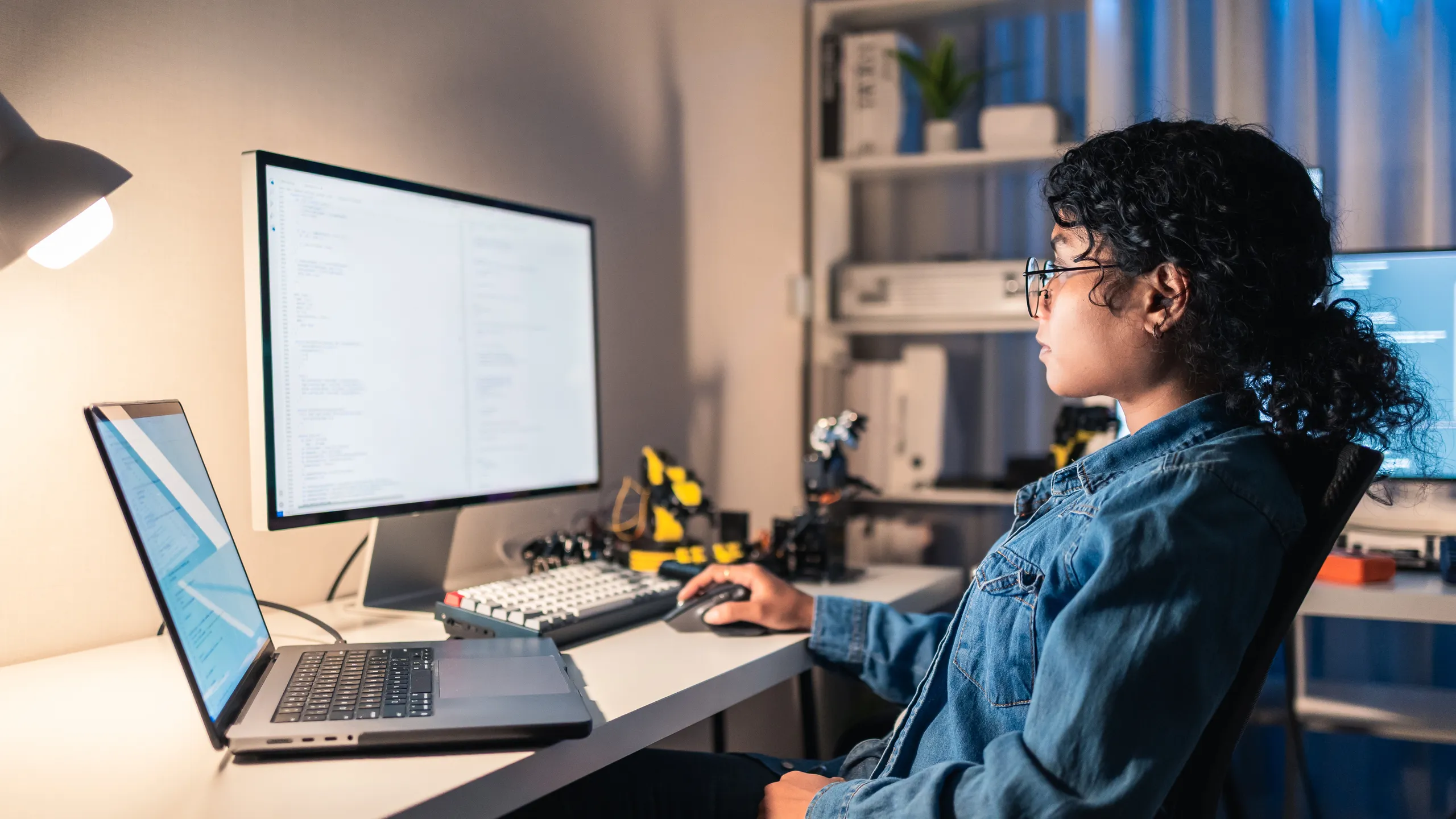 Female engineer coding late at night in her home office, developing AI and robotics system. Concept of STEM, machine learning, and perseverance.