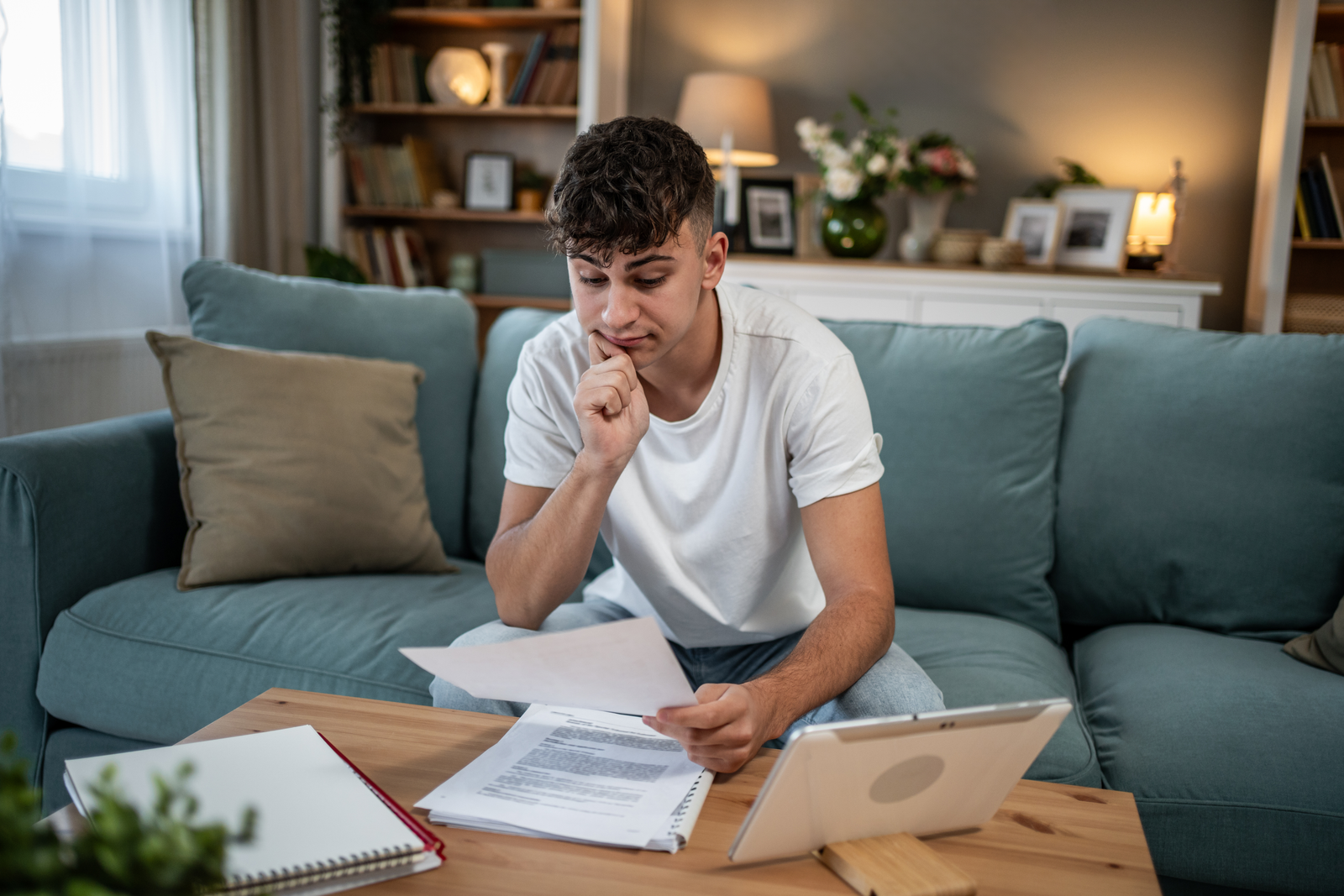 Young man feeling financial stress studying bills at home