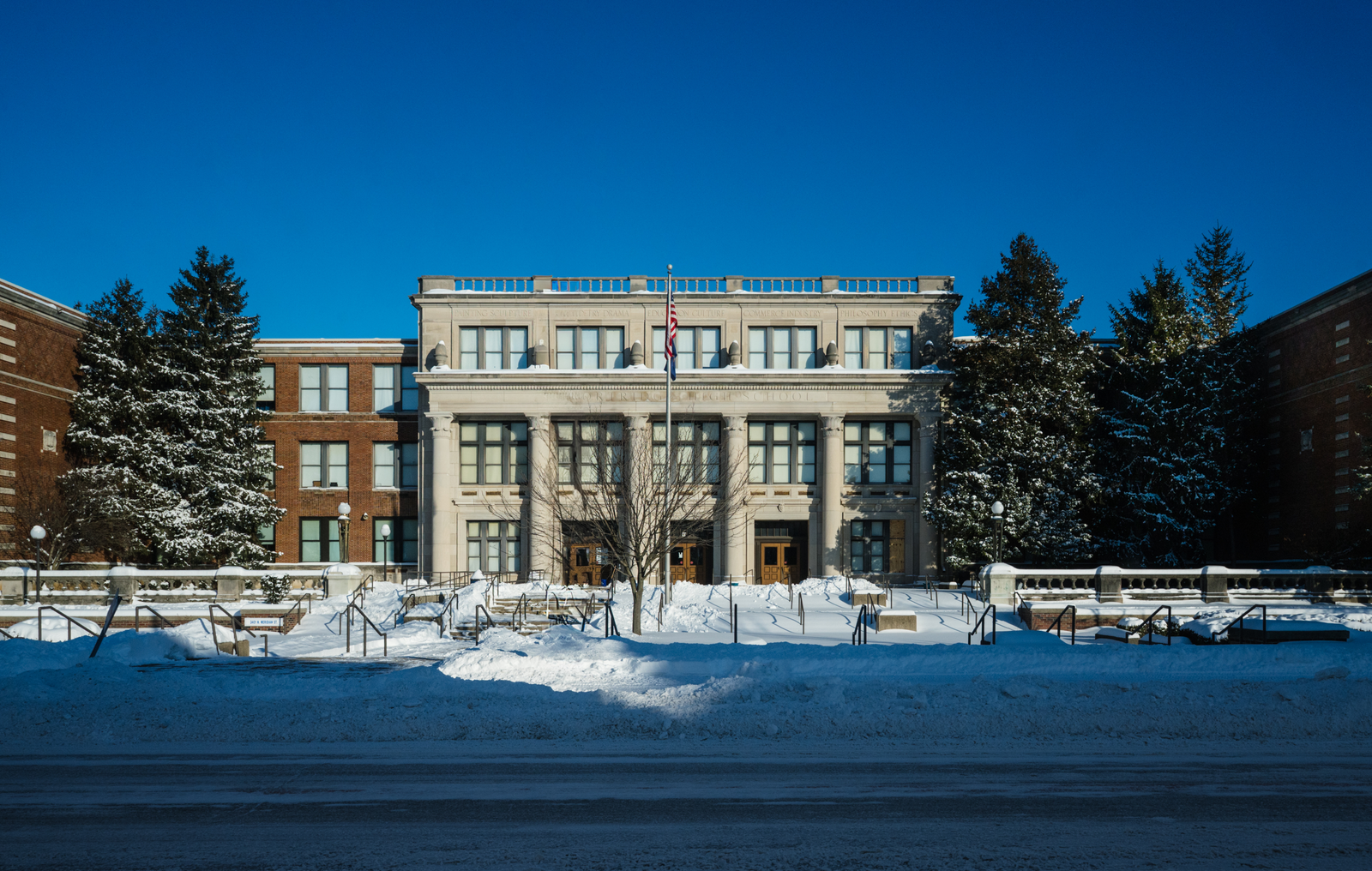 A view of the front facade of the historic Shortridge High School in Indianapolis, Indiana, opened in 1928.