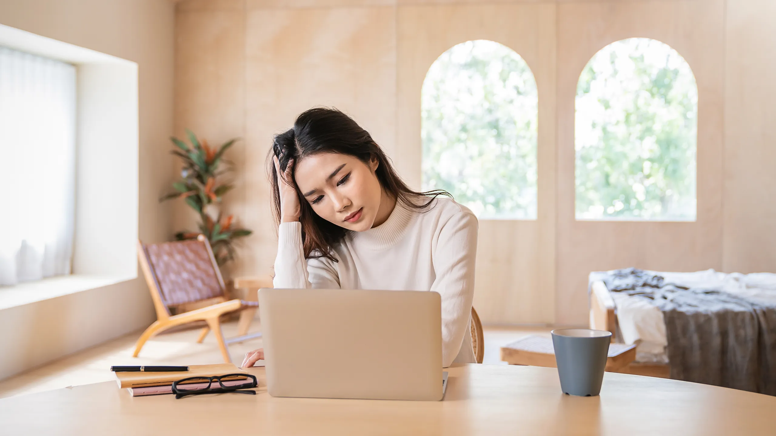 Portrait of stress sad business woman working alone at home office. Business woman work hard lifestyle stress burnout overtime office syndrome, work from home, quarantine coronavirus concept.