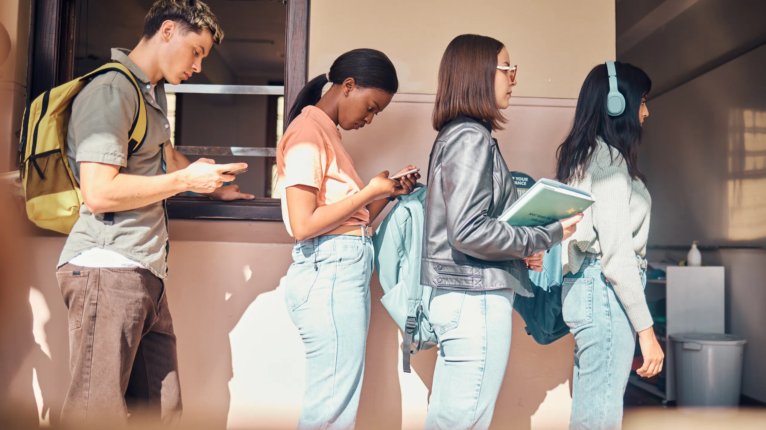 College, university or students waiting for registration or scholarship applications outside of classroom. Education, campus or school learners standing in a line for a test assessment or group exam
