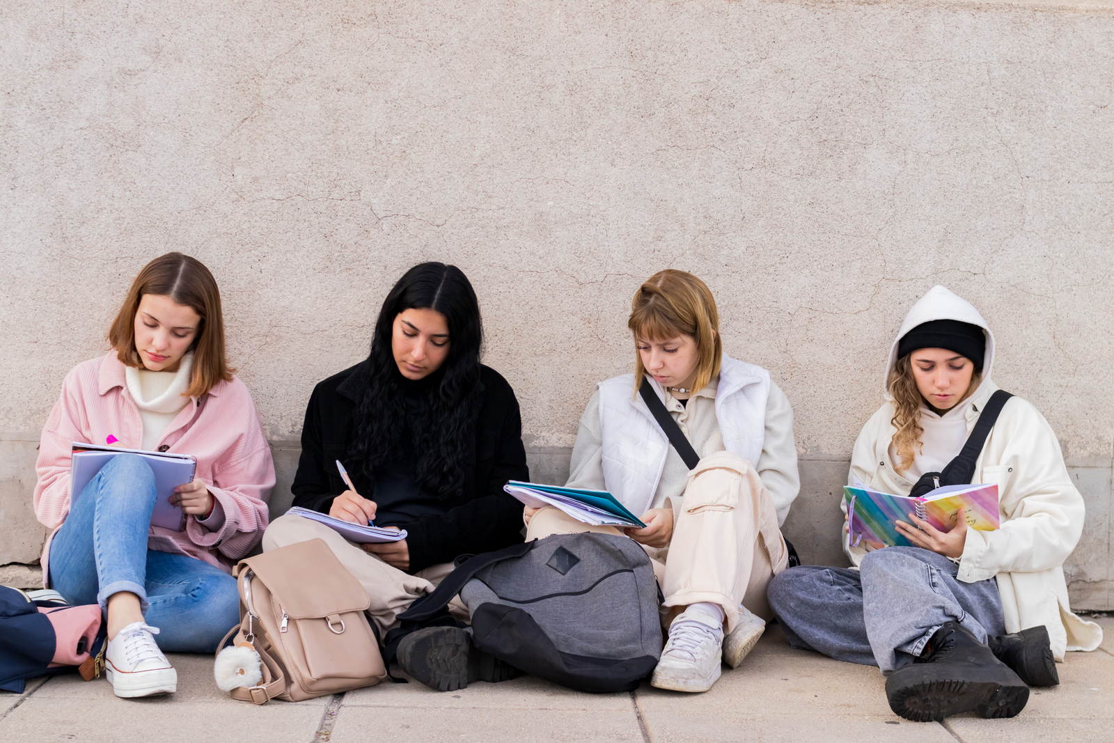 Four multi-racial college student friends, sitting studying