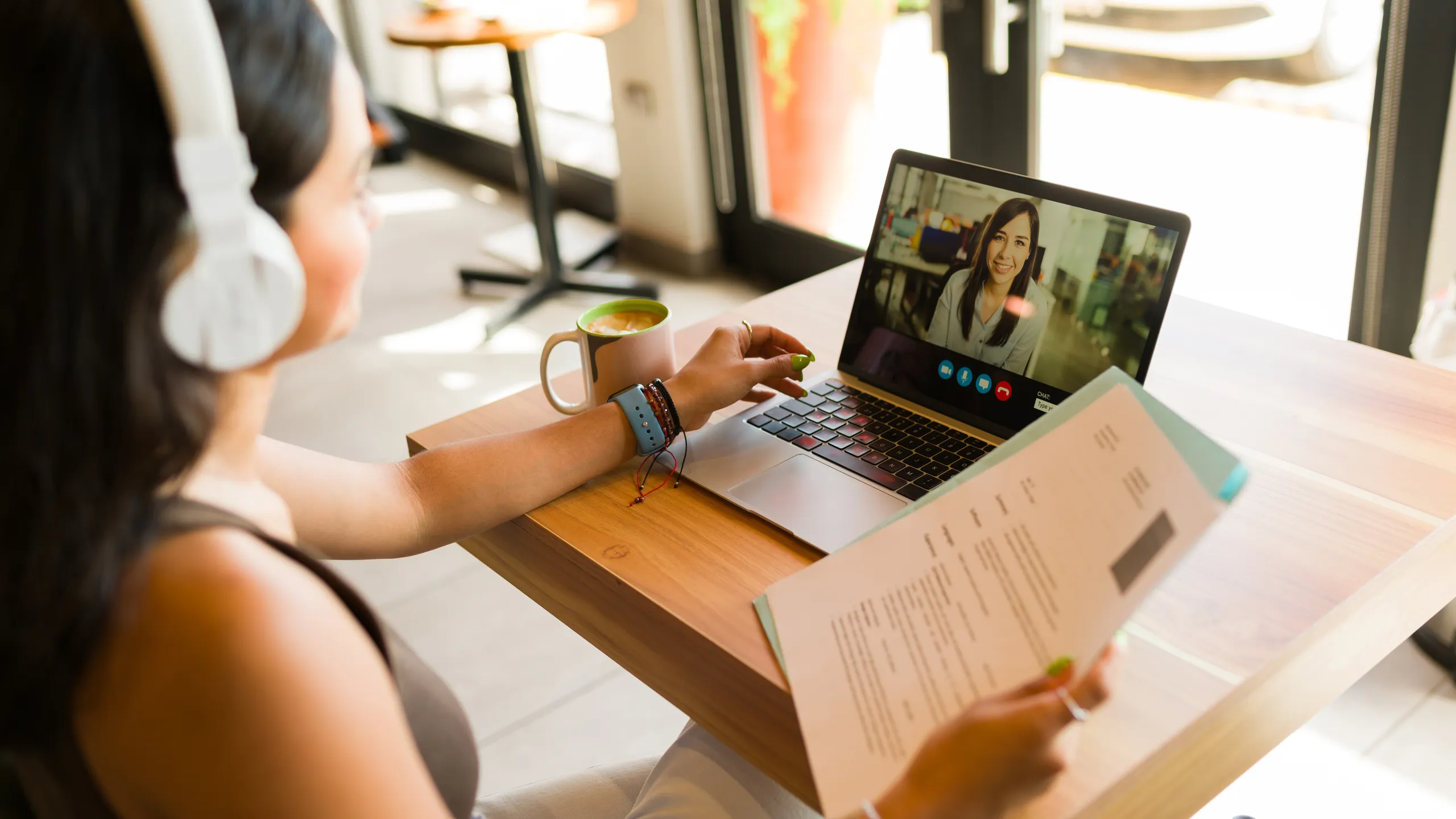 Woman student looking for a new job having an online interview