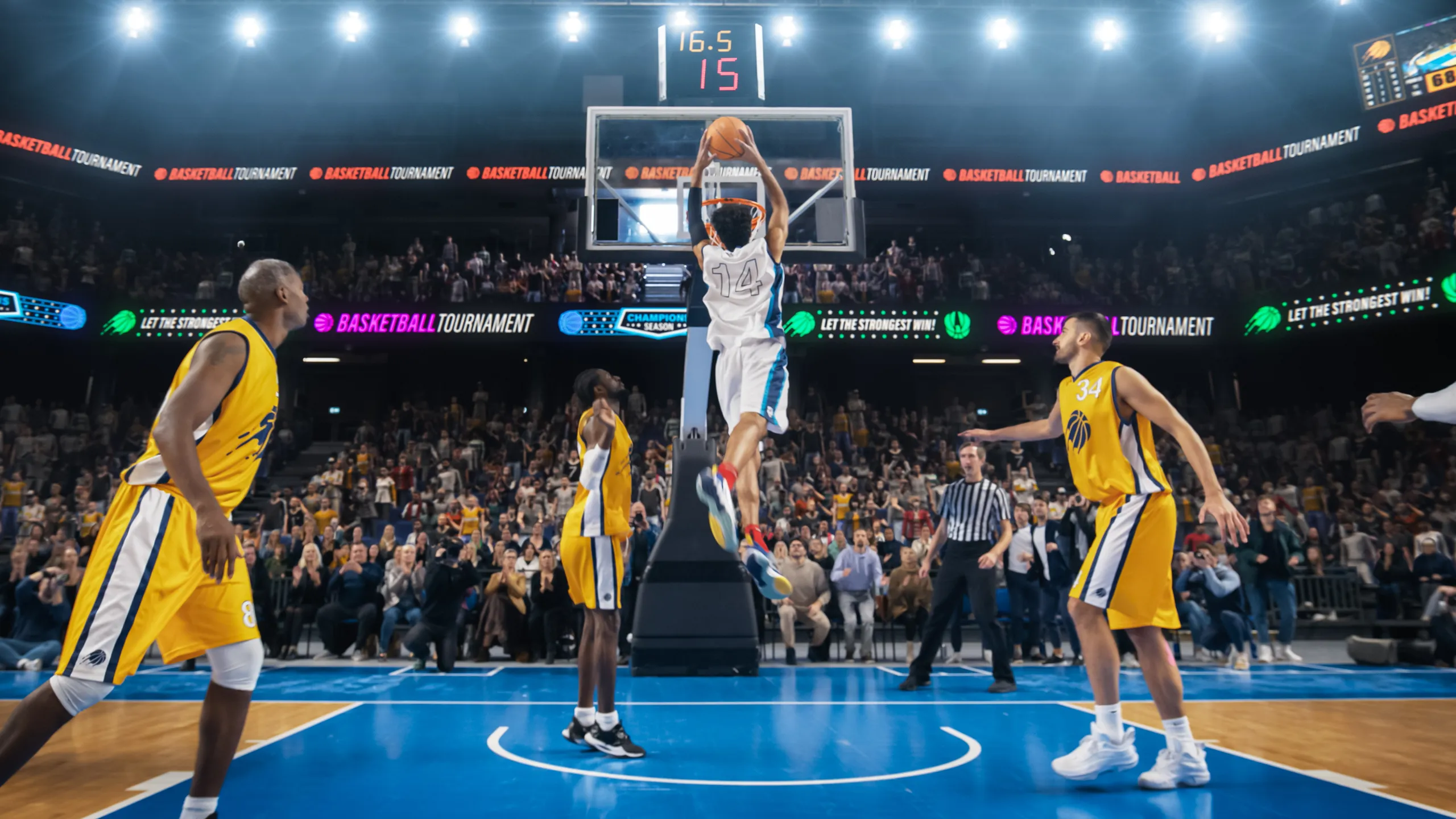 Multiethnic Basketball Player in a White Uniform Catching Pass And Dribbling Past Defence to Score a Skillful Slam Dunk Goal. Cinematic Sports News Channel Shot with Follow Back View.