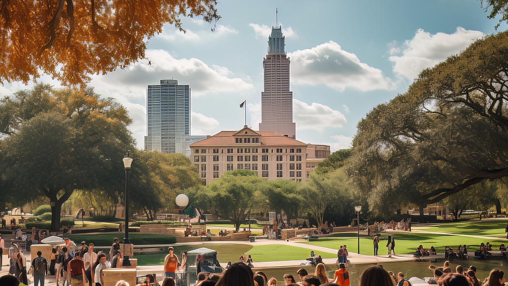 Fall trees in the UT Austin courtyard featuring one of the main buildings with students