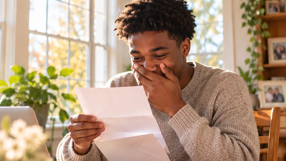 Student sitting in kitchen reading a college acceptance letter and smiling while covering their mouth in sunlight