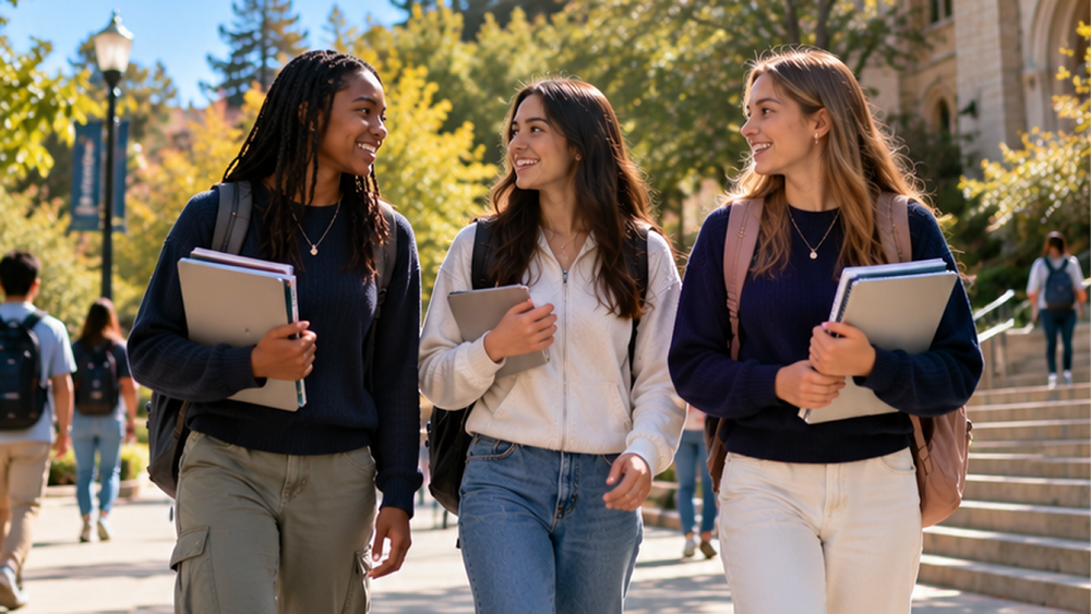 3 students walking on a college campus
