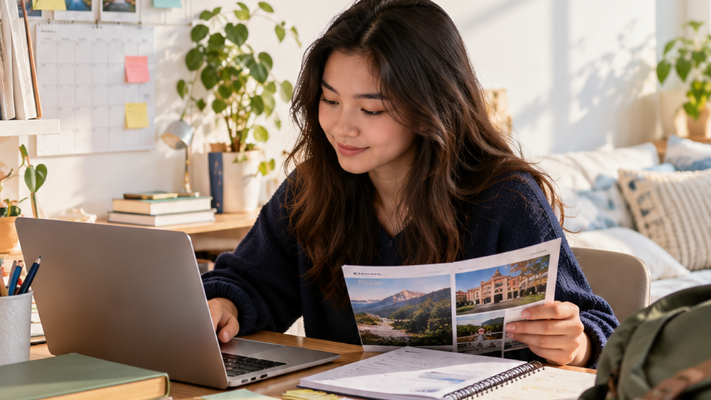 Student sitting at laptop, looking a brochure