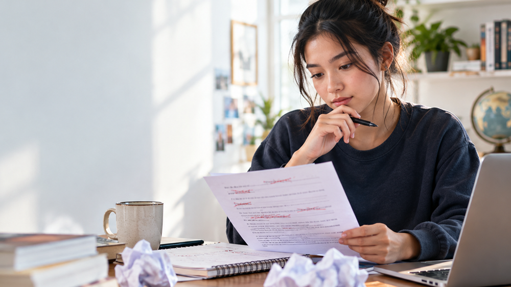 Woman reading over an essay that is red-lined with drafts strewn on the table with drafts