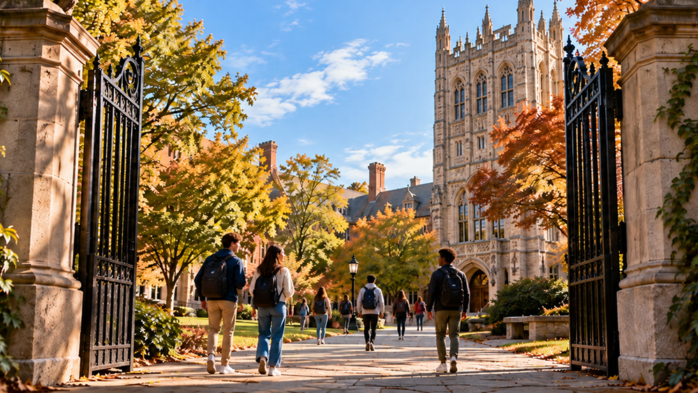 Image of a fall campus with old buildings on a non-specific Ivy League campus