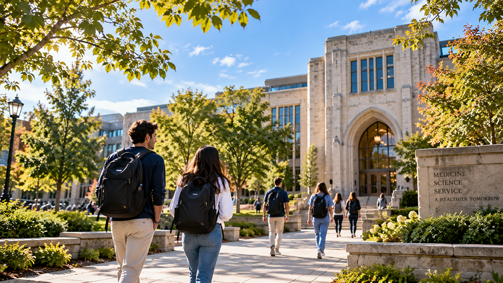 Students walking on a sunny day on a college campus
