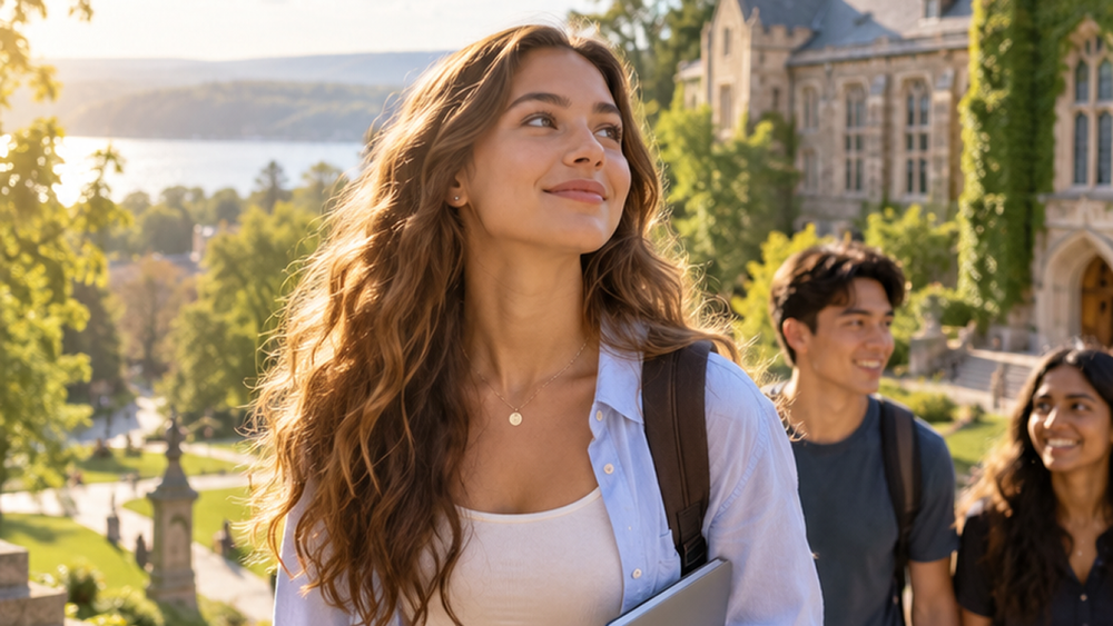 Woman with long hair, smiling in the sun, looking to her left, with a backpack and laptop on college campus