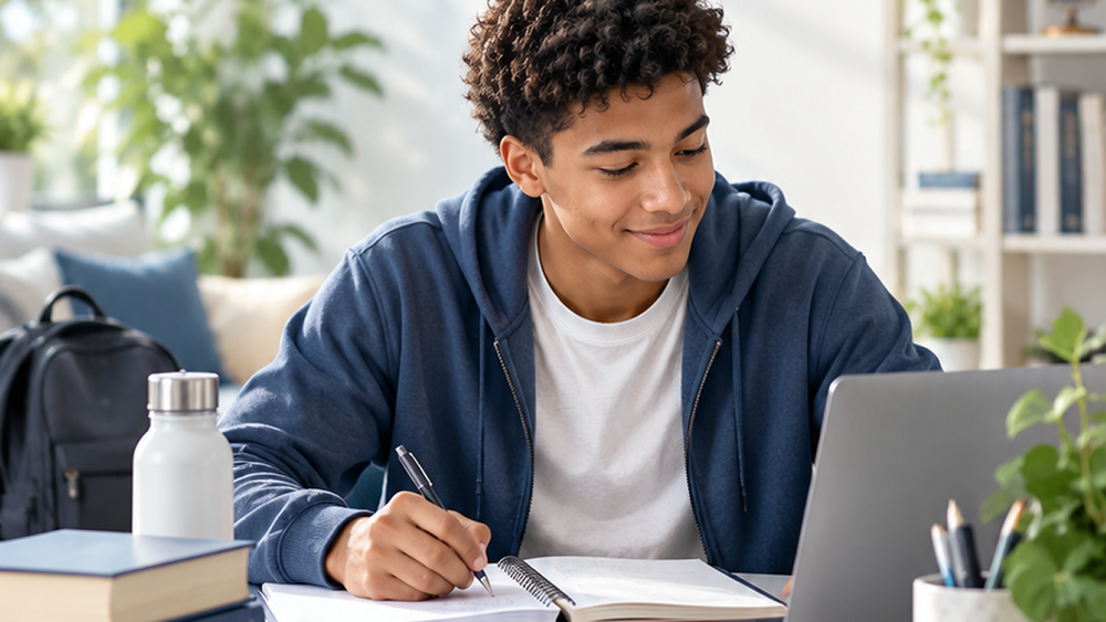 Student sitting at laptop, smiling, and writing something in notepad