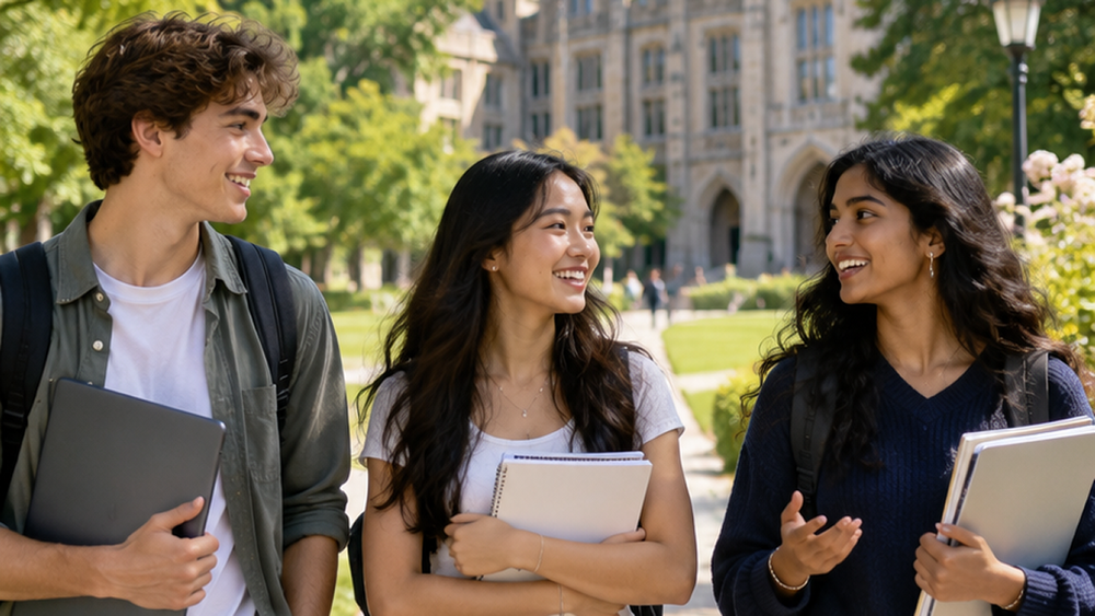 3 students walking on a college campus in the sunlight smiling at each other