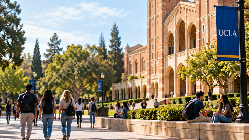 Image of students walking in sunlight on UCLA's campus