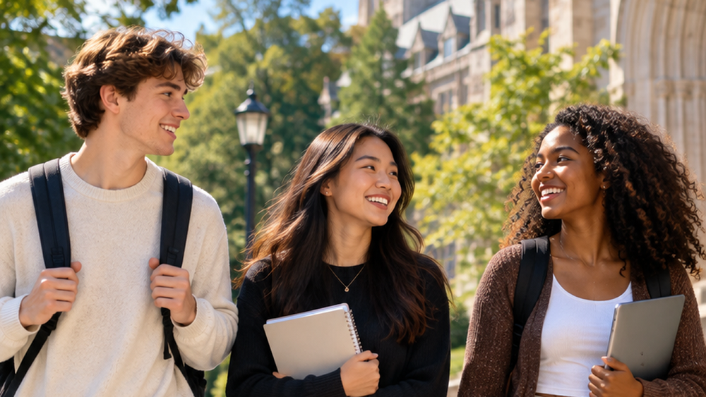 3 students walking on a college campus carrying a notebook, wearing a backpack, and smiling