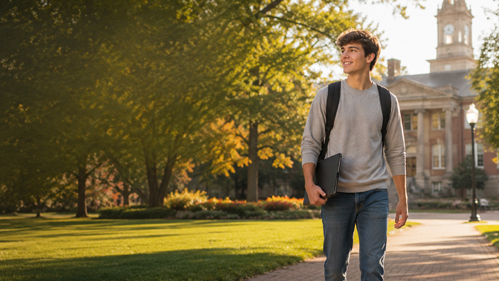 Male college student with backpack walking on a green campus