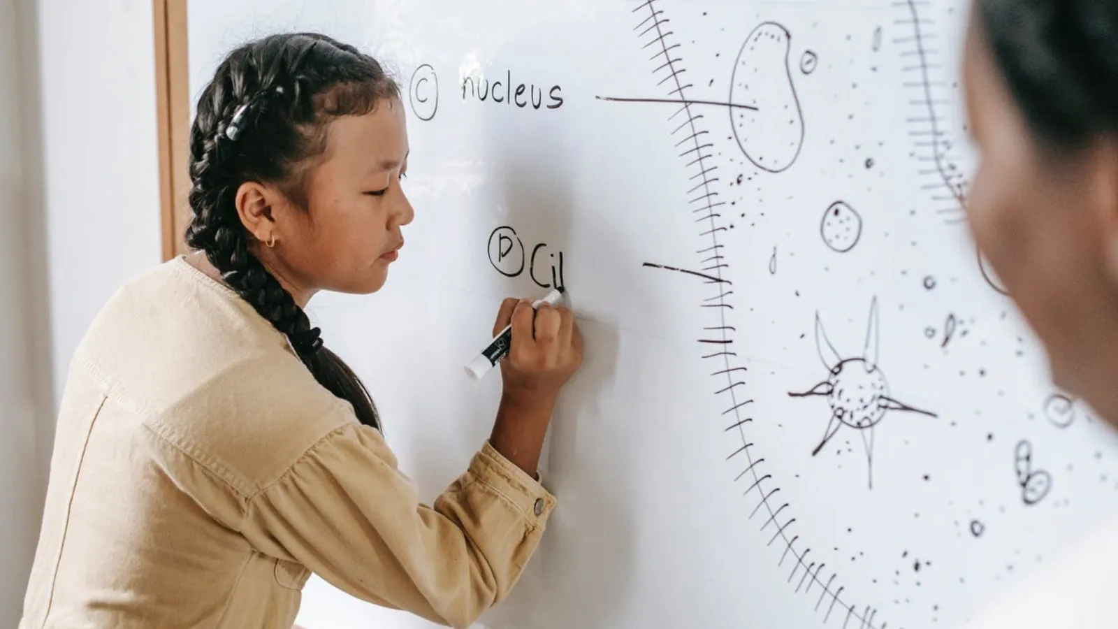 asian teen girl writing on whiteboard in classroom