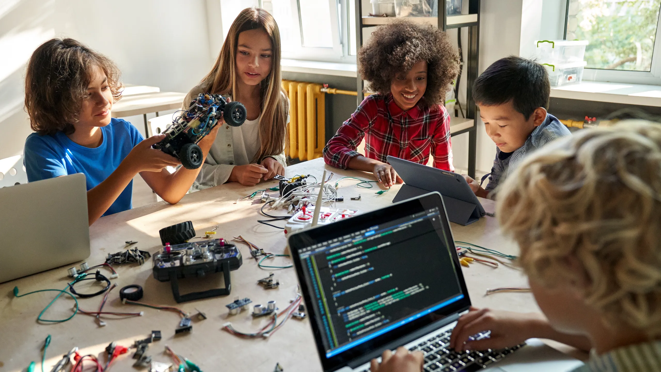 students building robotic cars