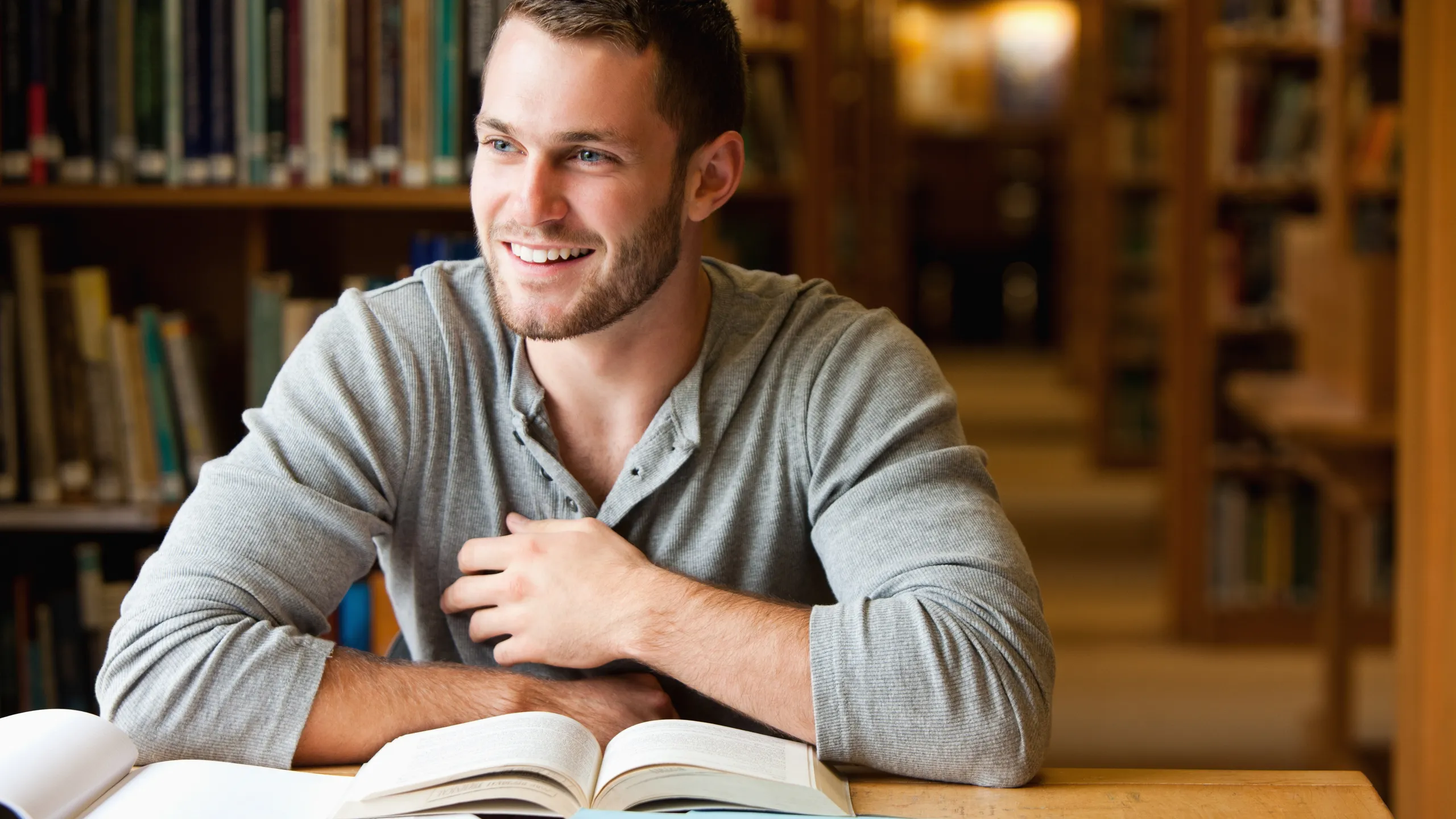 student working in a library